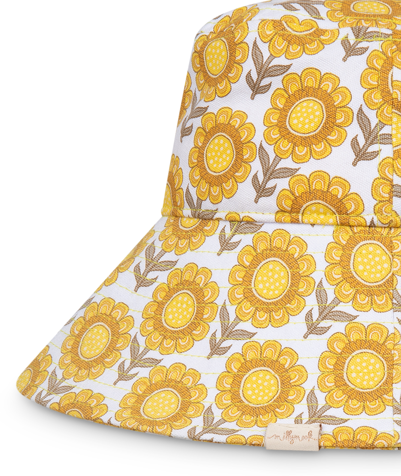 Millymook Girls Wide Brim Bucket Hat - Yellow Sunflower Pattern - Manoora